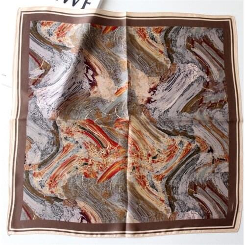 POBING 100% Natural Silk Scarf Geometric Print Square Scarves Wraps Small Head Handkerchief Tie Hijabs Echarpes Foulards 53x53CM