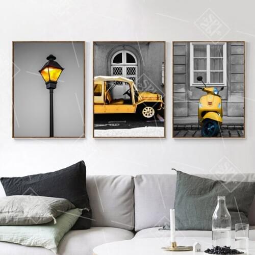 Modern Home Decoration Yellow Street Light Car and Motorcycle Posters Print on Canvas Wall Art Picture for Living Room No Framed