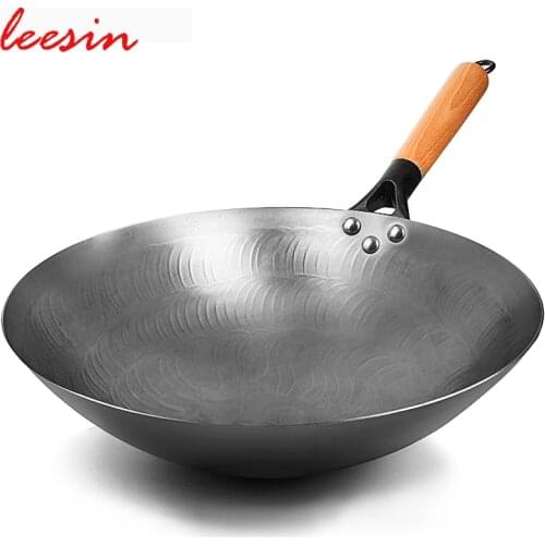 Leesin High Quality Uncoated Iron Wok Chinese Handmade Wok Pan For Gas Stove
