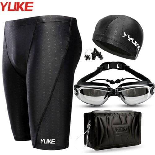 YUKE L-5XL Quick Dry Men Print Cap Swimsuit Comfort Adult Swimwear Swimming Goggles Cap Set Trunks Hat Eyewear Spa Bathing Suit