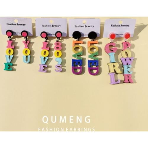 QUMENG Hip Hop punk Night Club vintage girl power Long Acrylic Letter Loved stud Earrings For Women Oversize Jewelry Accessories