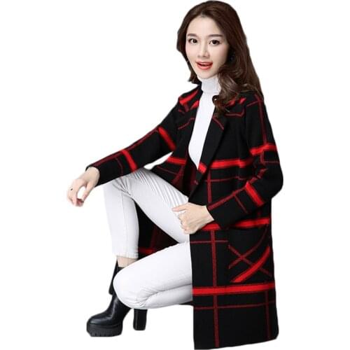 2019 Spring Autumn Long Sweater Womens Plaid With Pockets Female Long Sleeve Knitted Cardigans Feminino Tops Sueter Mujer L12