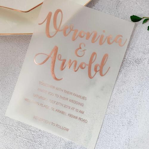 100pcs Rose Gold Silver Foil Print Vellum Wedding Invitation Personalized Greeting Cards for Anniversary Business Party