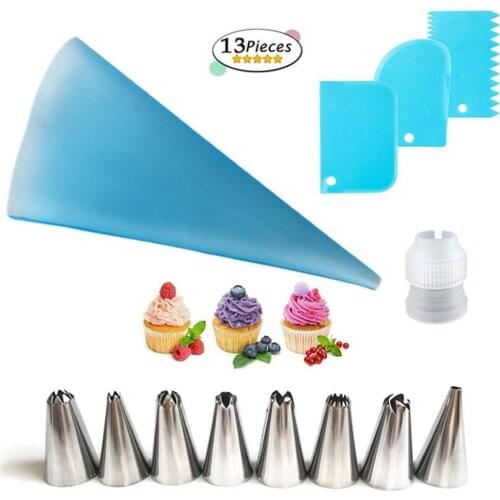 13pcs/set Icing Piping Nozzle Tips Fondant Scraper Smoother Cream Silicone Bags Confectionery Cake Decorating Tools Baking Mold