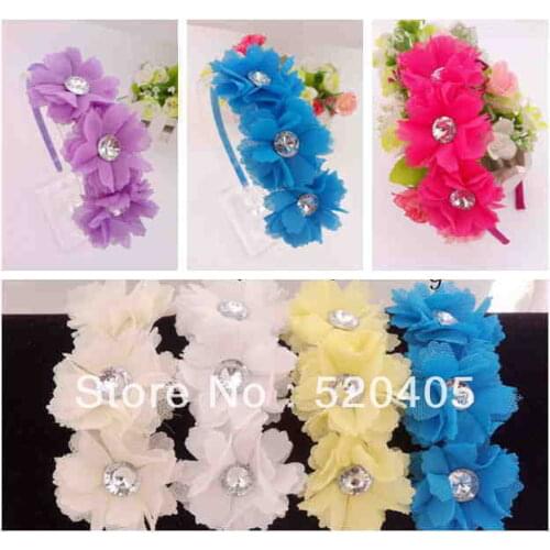 Three Mini Lace Flower in a row hair bands for girls Big Rhinestone headband Fabric flower hair accessories 20PCS