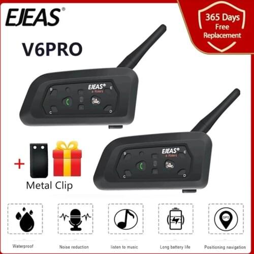 2PCS EJEAS V6 Pro 850mAh Bluetooth Motorcycle Communicator Helmet Intercom Moto Headset With Mic 1200m Interphone For 6 Riders
