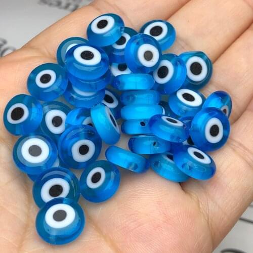 6/8/10mm Lake Blue Round Flat Shape Evil Eye Beads Lampwork Glazed Glass Beads for Bracelet Necklace DIY Jewelry Making