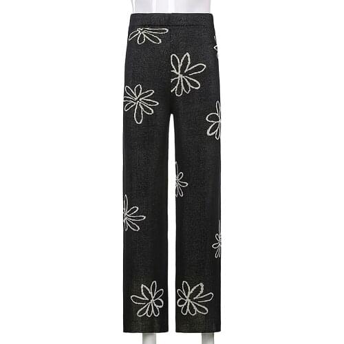 Vintage Floral Printed Long Loose Trousers Elastic And Comfortable Knit Skin-friendly Women Casual High Waist Fashion Pants
