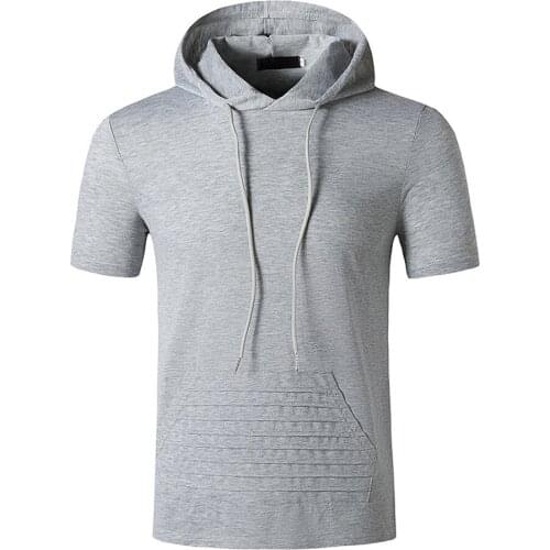 Covrlge Summer Solid Color Short Sleeve T-shirt Pocket Top Muscle T-shirt New Style Gym Hooded Sports Streetwear Male Top MTS607