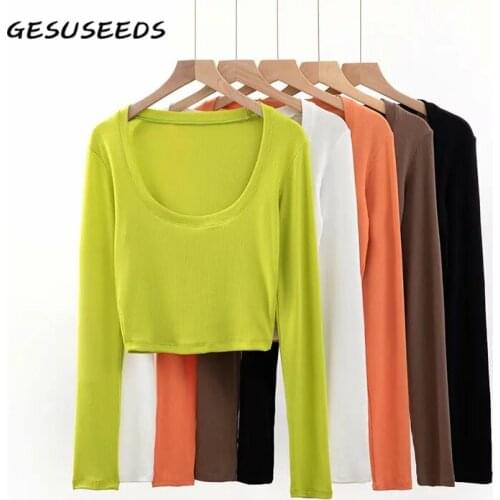 Sexy t shirt women long sleeve shirt casual u neck tops vintage slim shirts basic white cropped t shirt black green tops women