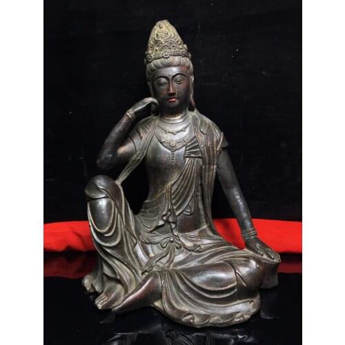 14"Nepal Buddhism Old Bronze Cinnabar Lacquer Free Goddess of Mercy Bodhisattva statue Sitting Buddha Enshrine the Buddha
