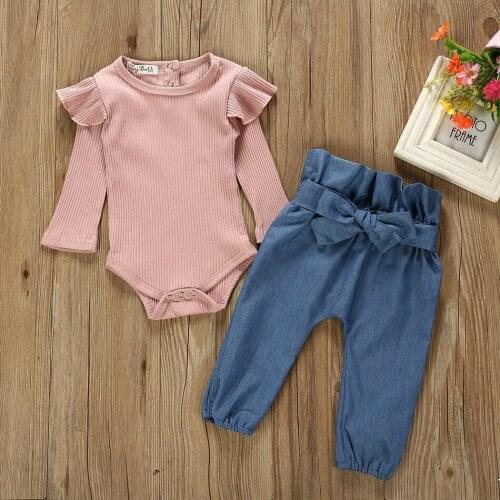 Baby Girl Set Spring Girls Long Sleeve Jumpsuit Fashion Solid Color Flying Sleeve + Jeans 2PCS Baby Girls Spring Cotton Clothes