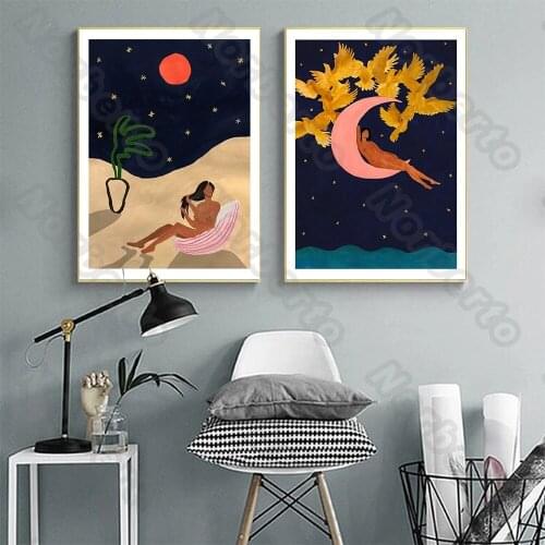 Cartoon Pictures Canvas Painting Poster Woman Bathing On Pink Moon Black Sky Red Sun Golden Birds for Home Rooms Wall Decoration