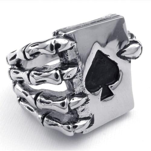Vintage Mens Stainless Steel Ring Hip hop Skeleton Claw Skull Ring Claw Playing Card Ring Gothic Punk Rock Biker Jewelry