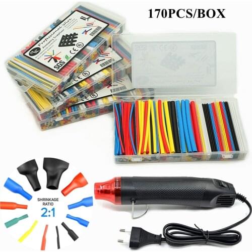Wrei Cable Sleeve Kit 170PCS Heat Shrink Tube Assortment Shrink Ratio 2:1 and Mini Heat Air Gun with 220V or 110V Kit