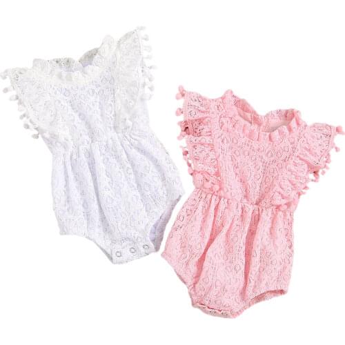 Baby Girls Casual Romper, Round Collar Sleeveless Lace Hem Jumpsuits with Tassels, Pink/ White