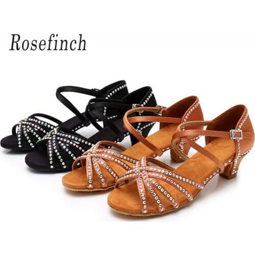 Diamond Decorated Latin Shoes Children Satin Brown Black Rhinestone Dance Shoes Girls and Child Ballroom TangoSandals 4cm C01DZX