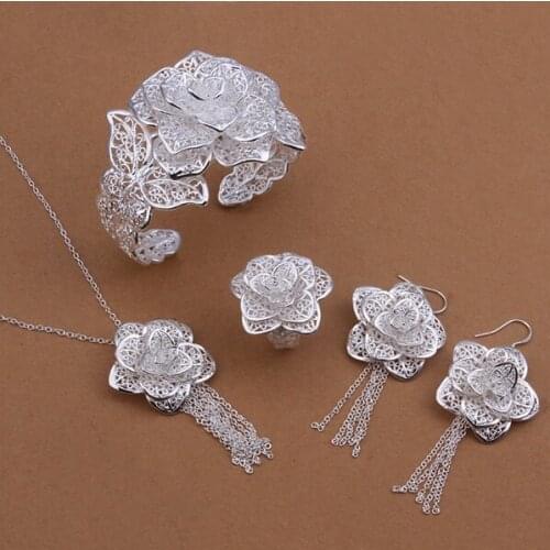 S444 Lovely Silver Color Jewelry Sets Silver 925 Jewelry Bracelet Necklace Earring Ring /aryajjfa Bdqajuxa