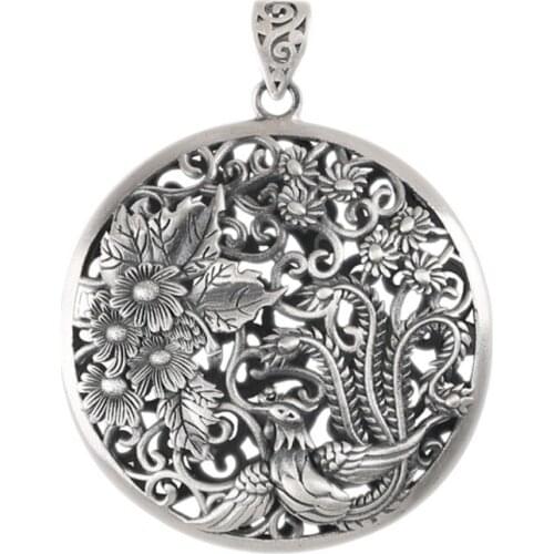 S990 Pure Silver Matte Three-dimensional Embossed Blooming Rich Phoenix Retro Ethnic Style Sweater Chain Trendy Womens Pendant