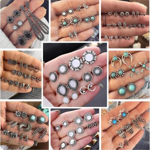 9 Pairs/Set Bohemian Moon Star Stone Stud Earrings Set For Women 2019 Statement Handmade Round Earring Bijoux Femme Jewelry Gift