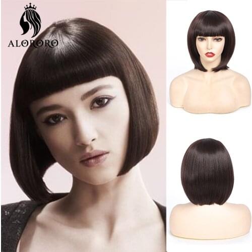 Alororo Bob Synthetic Wig Natural Short Wig with Bangs 10 inches High Temperature Wire Brown Red Wigs for Black Women