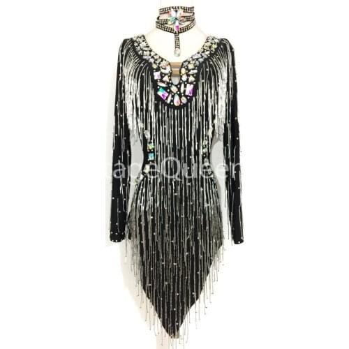 Customed Latin Dance Dress Women Competition Performance Costume Fringed Skirt Shiny Sexy Rhinestones Dance Dresses For Girls