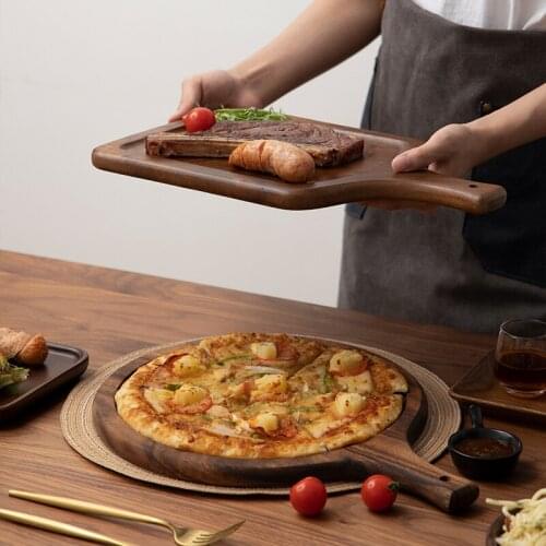 Pizza Plate Japanese Wooden Steak Plate Household Pizza Tray Steak Bread Fruit Chopping Board Black Walnut Plate With Handle