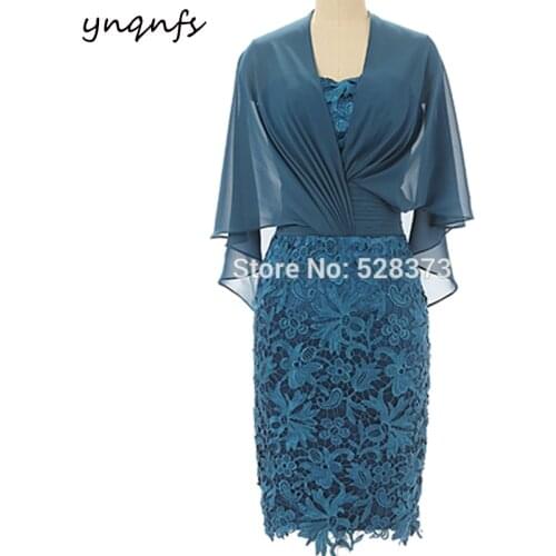 YNQNFS M42 Elegant Lace Outfits Cape Half Sleeve Party Gown Cocktail Vestido Formal Teal Short Mother of the Bride Dresses 2019