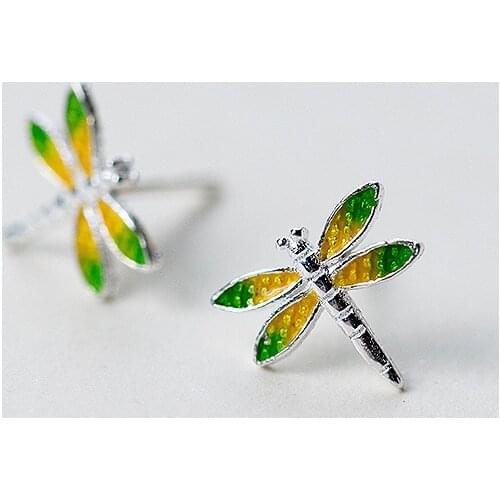 MloveAcc 925 Sterling Silver Colorful Enamel Dragonfly Stud Earrings Accessories Vintage Animal Earrings for Women Boucle D'orei