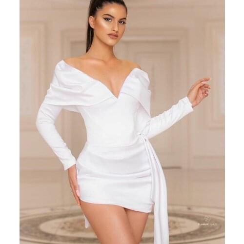 Sexy Short Satin White V-Neck Evening Dresses Long Sleeve Zipper Back Bodycon Formal Party Dress for Women