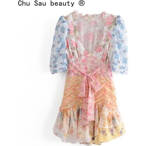 2021 Summer New Fashion Sweet Chic Floral Print Mini Dress Women Holiday Style Deep V-neck Dresses Female Vestido De Moda