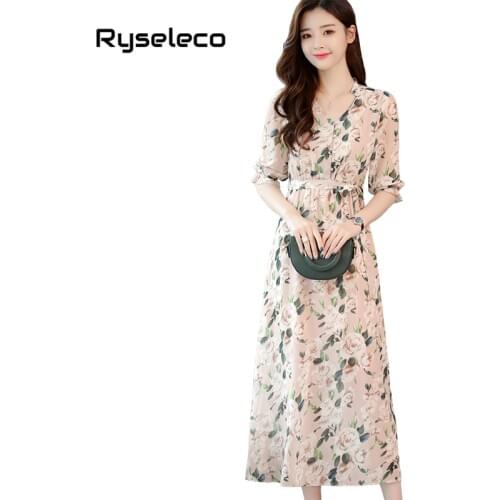 Ryseleco New Boho Sweet Floral Prints 3/4 Puff Sleeve Elegant Dresses Fashion Beach Chiffon Elegant Women Slim Lace Up Vestidos