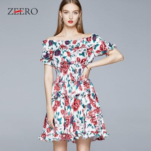 Summer Women Floral Rose Print Off Shoulder Sexy Runway Beach Boho Dress Elegant Ruffles Slash Neck Mini Party Dresses Vestidos