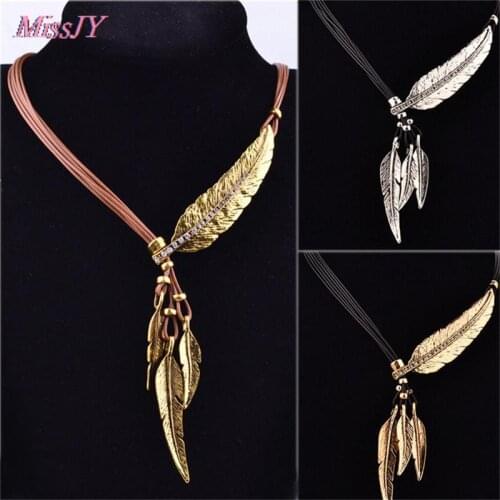 1Pc Fashion Bohemian Style Rope Chain For Women Feather Pattern Pendant Necklace Fine Jewelry Collares Statement Necklace