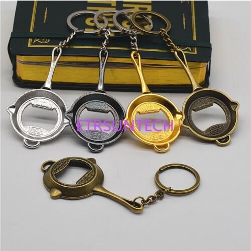 100pcs/lot Hot Game 4 Colors 3D Pan Beer Bottle Opener Alloy Keychains Silver Gold Black Antique Bronze Men Keyring Gift
