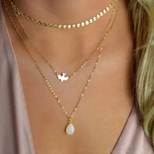 2020 New Peace Dove Soar Flying Layers Crystal Sequins Chain Pigeon Bird Water Drop Pendant Multilayer Necklace