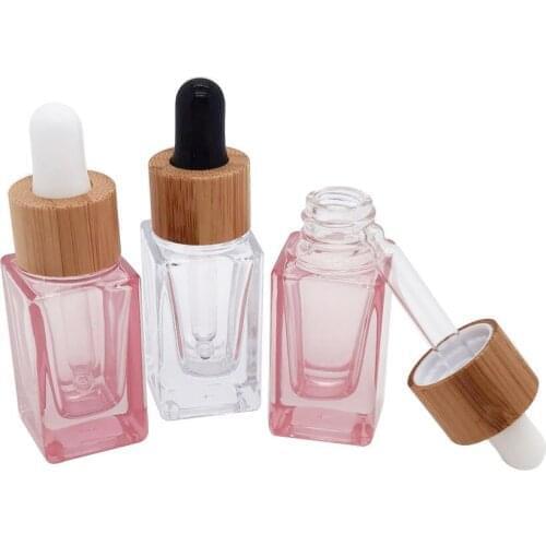 500pcs 10ml Empty Square Rose Gold Clear Glass Bottle With Natural Bamboo Dropper Travel Cosmetic Essential Oil Serum Vials