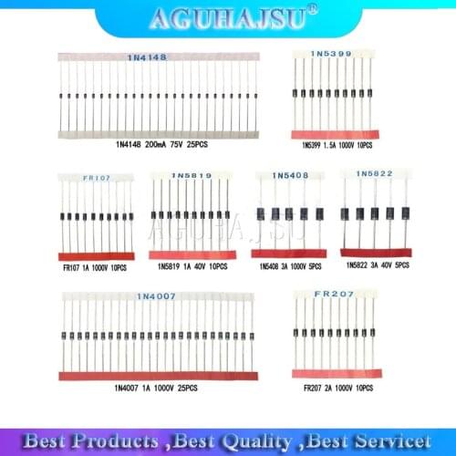 8 werte = 100PCS 1N5399 1N5408 1N4148 1N4007 1N5819 1N5822 FR107 FR207 Schalt Diode komponente diy kit original