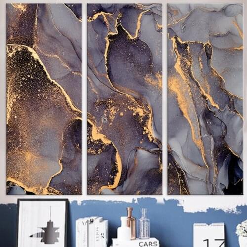 Abstract Gold Purple Grey Marble Canvas Paintings Luxury Ink Pattern Wall Art Prints Pictures and Posters for Bedroom Home Decor