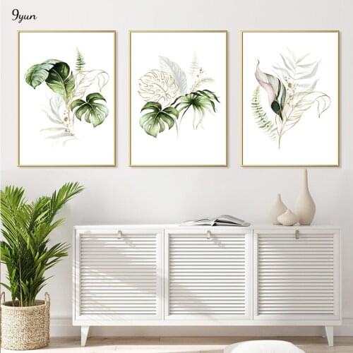 Watercolor Tropical Floral Wall Art Blush Gold Leaves Poster Print Nordic Canvas Painting Wall Pictures Living Room Decoration