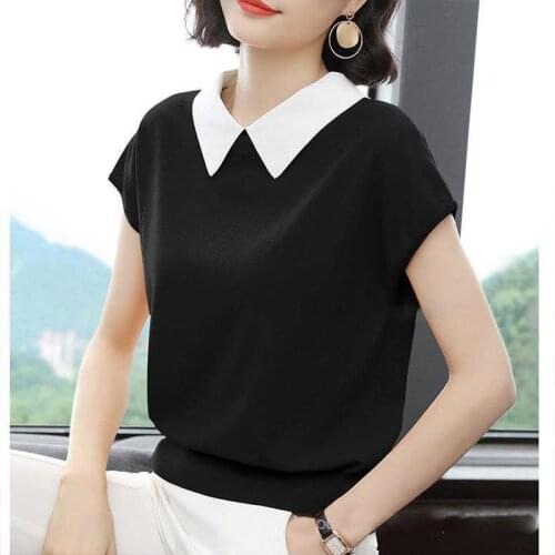 Womens Spring Summer Style Blouses Shirt Womens Peter pan Collar Short Sleeve Solid Color Lace Silk Elegant Korean Tops SP029