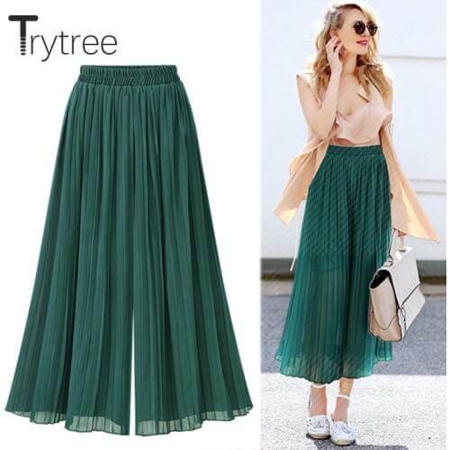 Trytree Summer Autumn Women Pleated Casual Flare Pants Women Fasion Soild Green Black Elastic Waist Loose Pants Female