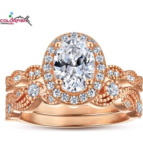 COLORFISH Rose Gold Color Wedding Rings Set for Women 925 Sterling Silver oval Cut Cubic Zirconia Engagement Fine Gifts