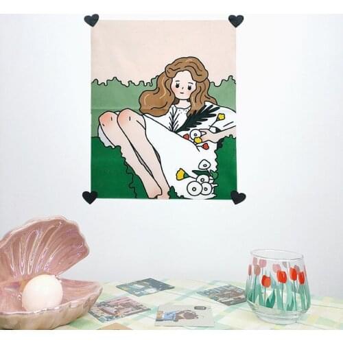 Ins Korean Lovely Solitary Teenage Illustration Tapestry Cartoon Wall Decoration Bedroom Bedside Dormitory Background Fabric