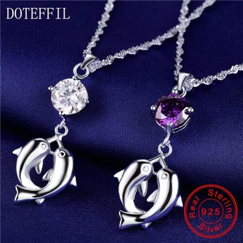 Hot Sales 925 Sterling Silver Women Charm Necklace Double Dolphin Pendant Necklace Shine 6mm Zircon Silver Jewelry