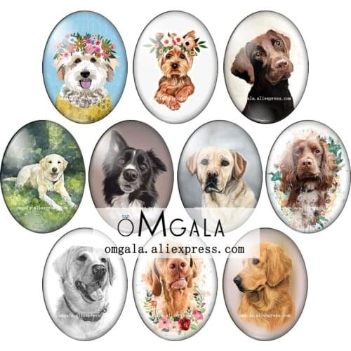 Lovely Pet Dogs Art Paintings Cute Flower Animals 13x18mm/18x25mm/30x40mm Oval photo glass cabochon flat back Making findings