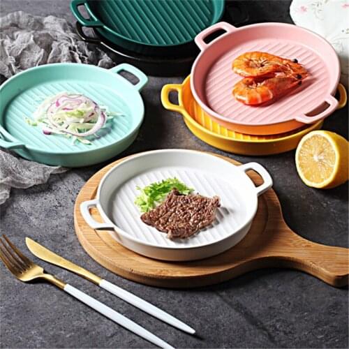 Nordic Ceramic Oven Baking Plate with Handle Porcelain Simple Dessert Sushi Plate Large Breakfast Salad Fruit Dishes Tableware