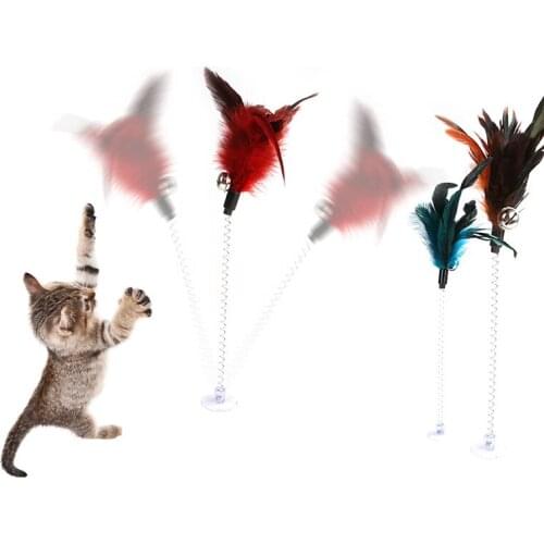 Cat interactive toy with bottom suction cup elastic spring feather tease cat toy
