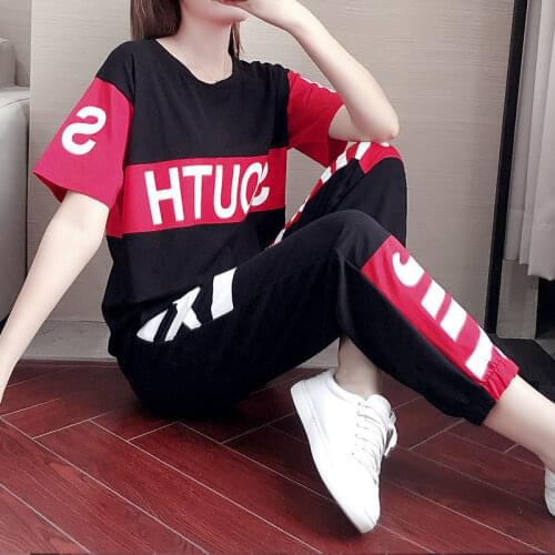 Summer Sports Suit Female Alphabet Casual Printing Casual Loose Korean Womens Short-sleeved Female Two-piece Set