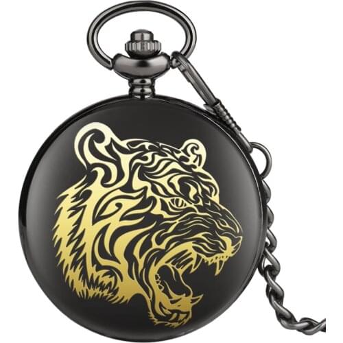 Golden Tiger Sketch Design Quartz Pocket Watch Analog Pocket Chain Clock Smooth Men Women Punk Souvenir Watches relogio Montre